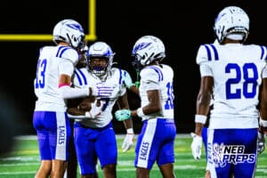 Omaha Central's Kylonn Haynie (8) getting up after running for the first down during a high school football game at Millard North on Friday, October 17, 2025, in Omaha, Nebraska. Photo By Jack Stephens.