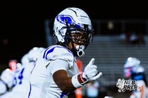 Omaha Central's Kaprice Keith (28) is making sure he's lined up correctly during a high school football game at Millard North on Friday, October 17, 2025, in Omaha, Nebraska. Photo By Jack Stephens.