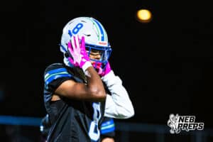 Millard North's Jaron Faughn (8) is listening to the play call while on defense during a high school football game against Omaha Central on Friday, October 17, in Omaha, Nebraska. Photo By Jack Stephens.