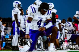 Omaha Central's Deanthony Dial (4) is praying during pregame before a high school football game at Millard North on Friday, October 17, 2025, in Omaha, Nebraska. Photo By Jack Stephens.