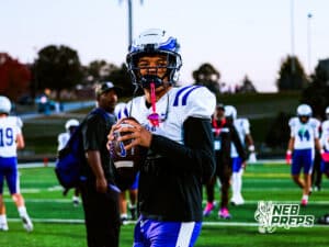 Omaha Central's Yasir Grixby (2) warming up during pregame before a high school football game at Millard North on Friday, October 17, 2025, in Omaha, Nebraska. Photo By Jack Stephens.