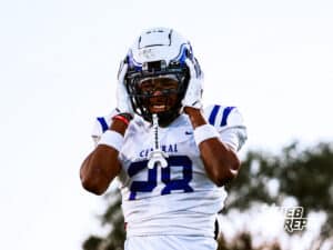 Omaha Central's Kaprice Keith (28) warming up during pregame before a high school football game at Millard North on Friday, October 17, in Omaha, Nebraska. Photo By Jack Stephens.