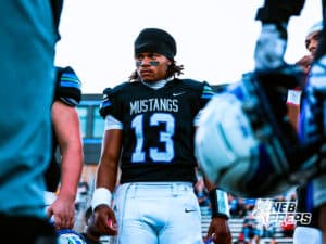 Millard North's Zion Rush (13) locked in during the coin toss before a high school football game against Omaha Central on Friday, October 17, in Omaha, Nebraska. Photo By Jack Stephens.