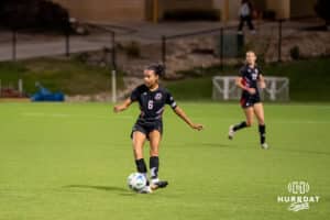 Omaha Maverick Jasmyn Brown (6) passes the ball during a match against South Dakota on Thursday, October 23, 2025, in Omaha, Nebraska. Photo by Brandon Tiedemann.