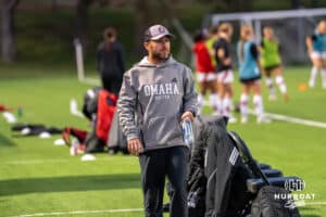 Omaha Maverick head coach Tim Walters before a match against South Dakota on Thursday, October 23, 2025, in Omaha, Nebraska. Photo by Brandon Tiedemann.