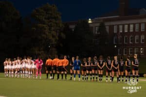 Omaha Maverick line up before a match against South Dakota on Thursday, October 23, 2025, in Omaha, Nebraska. Photo by Brandon Tiedemann.