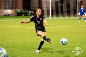Omaha Maverick Emma Hampton (22) passes the ball during a match against South Dakota on Thursday, October 23, 2025, in Omaha, Nebraska. Photo by Brandon Tiedemann.