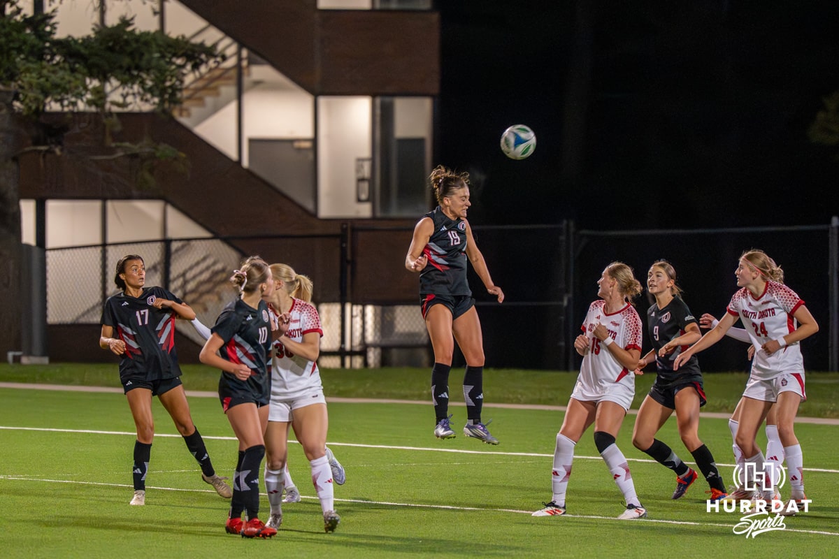 Omaha Maverick Payten Ivins (19) shoots the ball during a match against South Dakota on Thursday, October 23, 2025, in Omaha, Nebraska. Photo by Brandon Tiedemann.