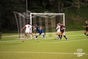 Omaha Maverick Charlotte Huggard (1) stops a shot during a match against South Dakota on Thursday, October 23, 2025, in Omaha, Nebraska. Photo by Brandon Tiedemann.