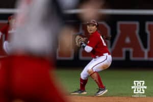 Nebraska Cornhusker Katelyn Caneda (66) throws to first for an out during Nebraska Red/White Game on Wednesday, October 22, 2025, in Lincoln, Nebraska. Photo by John S. Peterson.