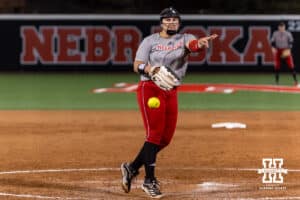 Nebraska Cornhusker Alexis Jensen (99) throws a pitch during Nebraska Red/White Game on Wednesday, October 22, 2025, in Lincoln, Nebraska. Photo by John S. Peterson.