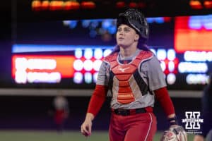 Nebraska Cornhusker Olivia DiNardo (1) takes over the catching during Nebraska Red/White Game on Wednesday, October 22, 2025, in Lincoln, Nebraska. Photo by John S. Peterson.