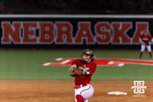 Nebraska Cornhusker Jordyn Bahl (98) throws a pitch late in the game during Nebraska Red/White Game on Wednesday, October 22, 2025, in Lincoln, Nebraska. Photo by John S. Peterson.