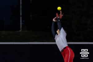 Nebraska Cornhusker Lauren Camenzind (2) tries to catch the pop up having the ball bounce of the glove during Nebraska Red/White Game on Wednesday, October 22, 2025, in Lincoln, Nebraska. Photo by John S. Peterson.