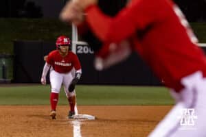 Nebraska Cornhusker Katelyn Caneda (66) leads off third during Nebraska Red/White Game on Wednesday, October 22, 2025, in Lincoln, Nebraska. Photo by John S. Peterson.