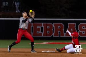 Nebraska Cornhusker Katelyn Caneda (66) slides to second against Nebraska Cornhusker Skarlett Jones (0) during Nebraska Red/White Game on Wednesday, October 22, 2025, in Lincoln, Nebraska. Photo by John S. Peterson.