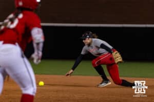 Nebraska Cornhusker Bella Bacon (3) goes after the ball as Nebraska Cornhusker Katelyn Caneda (66) runs to first during Nebraska Red/White Game on Wednesday, October 22, 2025, in Lincoln, Nebraska. Photo by John S. Peterson.