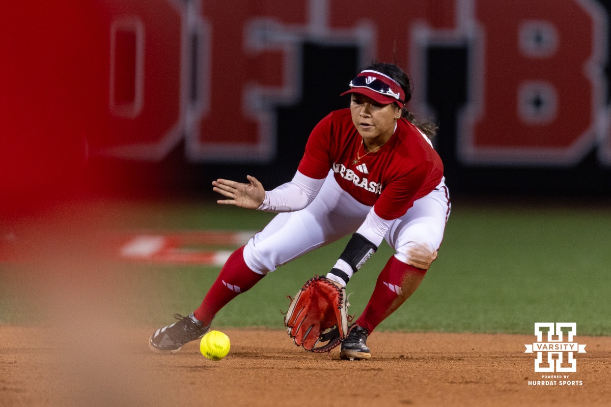Nebraska Cornhusker Katelyn Caneda (66) scoops out the ball during Nebraska Red/White Game on Wednesday, October 22, 2025, in Lincoln, Nebraska. Photo by John S. Peterson.