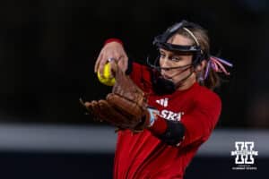 Nebraska Cornhusker Jordyn Bahl (98) throws a pitch during Nebraska Red/White Game on Wednesday, October 22, 2025, in Lincoln, Nebraska. Photo by John S. Peterson.