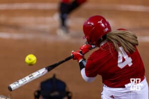 Nebraska Cornhusker Malia Thoms (4) at bat during Nebraska Red/White Game on Wednesday, October 22, 2025, in Lincoln, Nebraska. Photo by John S. Peterson.
