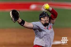 Nebraska Cornhusker Alexis Jensen (99) throws a pitch during Nebraska Red/White Game on Wednesday, October 22, 2025, in Lincoln, Nebraska. Photo by John S. Peterson.