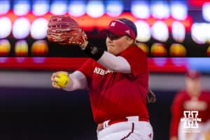 Nebraska Cornhusker Emmerson Cope (33) throws a pitch during Nebraska Red/White Game on Wednesday, October 22, 2025, in Lincoln, Nebraska. Photo by John S. Peterson.