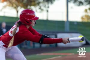 Nebraska Cornhusker Jordyn Bahl (98) bunts the ball during Nebraska Red/White Game on Wednesday, October 22, 2025, in Lincoln, Nebraska. Photo by John S. Peterson.