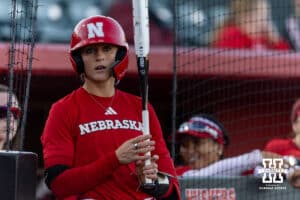 Nebraska Cornhusker Jordyn Bahl (98) prepares to bat during Nebraska Red/White Game on Wednesday, October 22, 2025, in Lincoln, Nebraska. Photo by John S. Peterson.