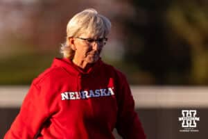 Nebraska Cornhusker head coach Rhonda Revelle heads to the dugout during Nebraska Red/White Game on Wednesday, October 22, 2025, in Lincoln, Nebraska. Photo by John S. Peterson.