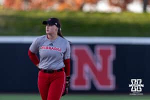 Nebraska Cornhusker Olivia DiNardo (1) walks to the infield during Nebraska Red/White Game on Wednesday, October 22, 2025, in Lincoln, Nebraska. Photo by John S. Peterson.
