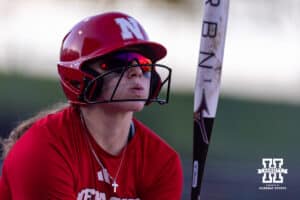 Nebraska Cornhusker Carlie Muhlbach (72) prepares for her at bat during Nebraska Red/White Game on Wednesday, October 22, 2025, in Lincoln, Nebraska. Photo by John S. Peterson.