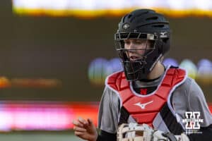 Nebraska Cornhusker Jesse Farrell (25) plays catcher for the Cream team during Nebraska Red/White Game on Wednesday, October 22, 2025, in Lincoln, Nebraska. Photo by John S. Peterson.