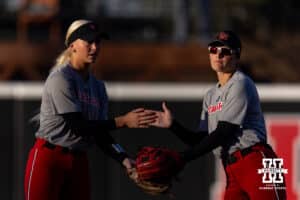 Nebraska Cornhuskers Skarlett Jones (0) and Lauren Camenzind (2) giving each other five during Nebraska Red/White Game on Wednesday, October 22, 2025, in Lincoln, Nebraska. Photo by John S. Peterson.