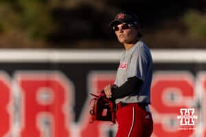 Nebraska Cornhusker Lauren Camenzind (2) checking to see who's at bat during Nebraska Red/White Game on Wednesday, October 22, 2025, in Lincoln, Nebraska. Photo by John S. Peterson.