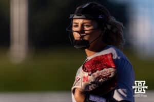 Nebraska Cornhusker Kylee Magee (31) waiting for a signall from the catcher during Nebraska Red/White Game on Wednesday, October 22, 2025, in Lincoln, Nebraska. Photo by John S. Peterson.
