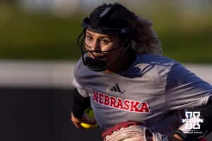 Nebraska Cornhusker Kylee Magee (31) starts to throw a pitch during Nebraska Red/White Game on Wednesday, October 22, 2025, in Lincoln, Nebraska. Photo by John S. Peterson.