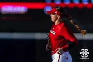 Nebraska Cornhusker Ava Kuszak (7) runs to the dugout during Nebraska Red/White Game on Wednesday, October 22, 2025, in Lincoln, Nebraska. Photo by John S. Peterson.