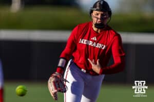 Nebraska Cornhusker Jordyn Bahl (98) runs out to first base during Nebraska Red/White Game on Wednesday, October 22, 2025, in Lincoln, Nebraska. Photo by John S. Peterson.