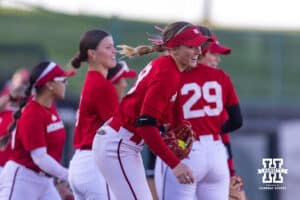 Nebraska Cornhusker Jordyn Bahl (98) runs out to first base during Nebraska Red/White Game on Wednesday, October 22, 2025, in Lincoln, Nebraska. Photo by John S. Peterson.