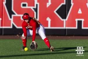 Nebraska Cornhusker Alina Felix (26) fields the ball warming up during Nebraska Red/White Game on Wednesday, October 22, 2025, in Lincoln, Nebraska. Photo by John S. Peterson.