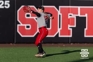 Nebraska Cornhusker Nessa McMillen (18) throws the ball warming up during Nebraska Red/White Game on Wednesday, October 22, 2025, in Lincoln, Nebraska. Photo by John S. Peterson.