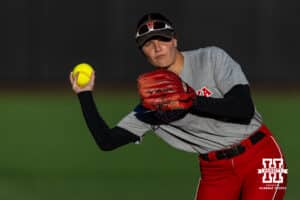 Nebraska Cornhusker Lauren Camenzind (2) throws the ball warming up during Nebraska Red/White Game on Wednesday, October 22, 2025, in Lincoln, Nebraska. Photo by John S. Peterson.