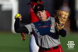 Nebraska Cornhusker Bella Bacon (3) throws the ball, warming up during the Nebraska Red/White Game on Wednesday, October 22, 2025, in Lincoln, Nebraska. Photo by John S. Peterson.
