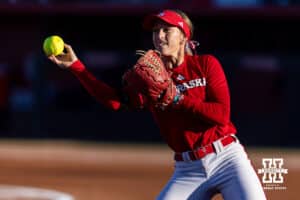 Nebraska Cornhusker Jordyn Bahl (98) throws the ball, warming up during the Nebraska Red/White Game on Wednesday, October 22, 2025, in Lincoln, Nebraska. Photo by John S. Peterson.