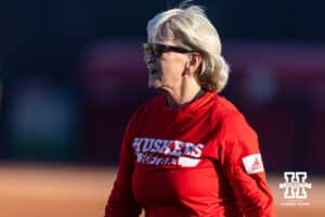 Nebraska Cornhusker head coach Rhonda Revelle watches warm-ups during the Nebraska Red/White Game on Wednesday, October 22, 2025, in Lincoln, Nebraska. Photo by John S. Peterson.
