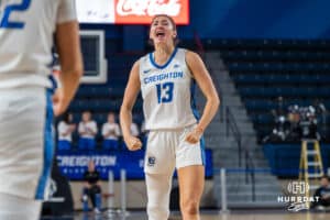 Creighton Bluejay Allison Heathcock (#13) celebrates during an exhibition against Missouri Western on Wednesday, October 22, 2025, in Omaha, Nebraska. Photo by Brandon Tiedemann.