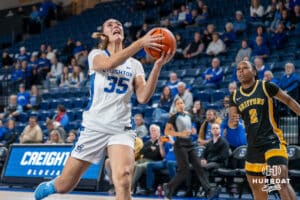 Creighton Bluejay Elizabeth Gentry (#35) shoots a lay up during an exhibition against Missouri Western on Wednesday, October 22, 2025, in Omaha, Nebraska. Photo by Brandon Tiedemann.