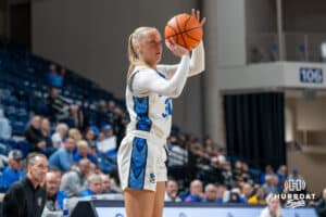Creighton Bluejay Norah Gessert (#30) shoots a three pointer during an exhibition against Missouri Western on Wednesday, October 22, 2025, in Omaha, Nebraska. Photo by Brandon Tiedemann.