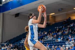 Creighton Bluejay Tara Dacic (#9) attempts a lay up during an exhibition against Missouri Western on Wednesday, October 22, 2025, in Omaha, Nebraska. Photo by Brandon Tiedemann.