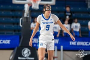 Creighton Bluejay Tara Dacic (#9) gets back on defense during an exhibition against Missouri Western on Wednesday, October 22, 2025, in Omaha, Nebraska. Photo by Brandon Tiedemann.